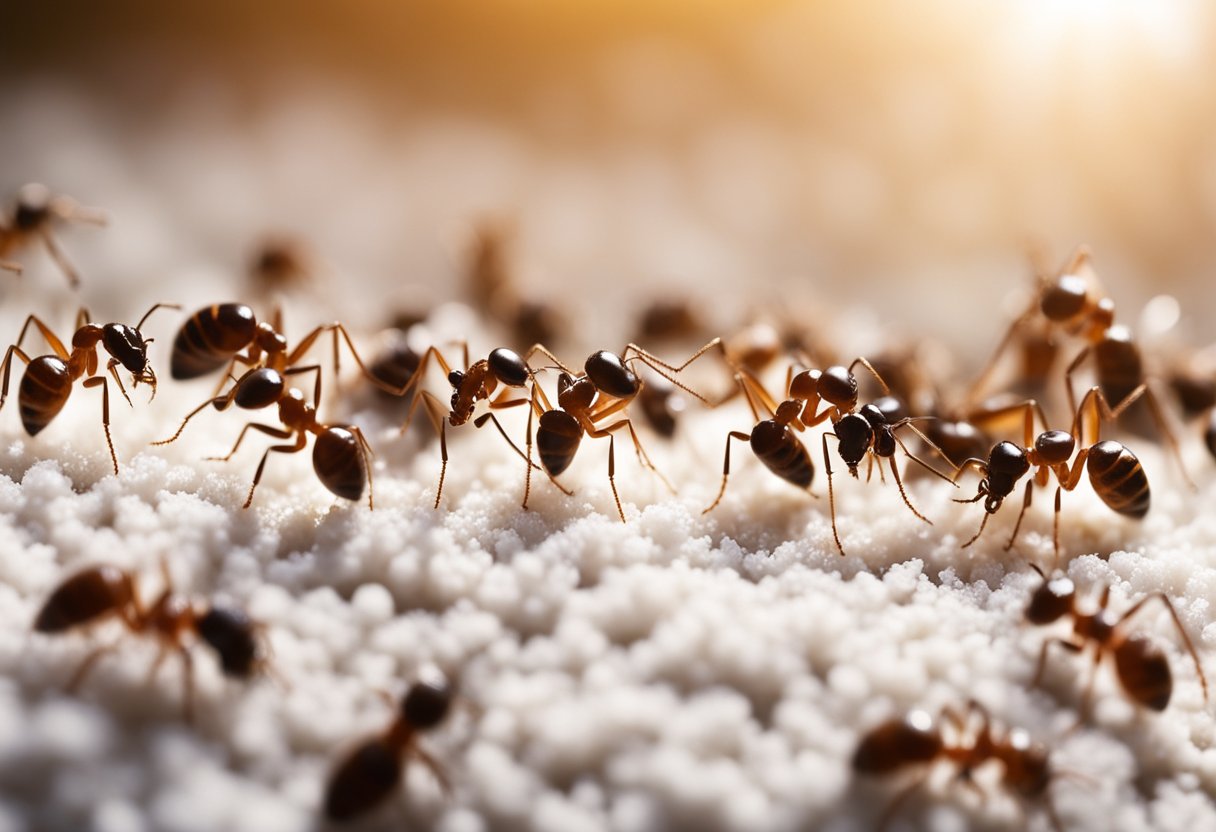 Ants crawling in carpet fibers, surrounded by DIY repellents like vinegar, cinnamon, and essential oils