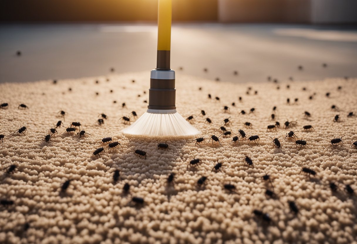 An exterminator sprays pesticide on a carpet infested with ants