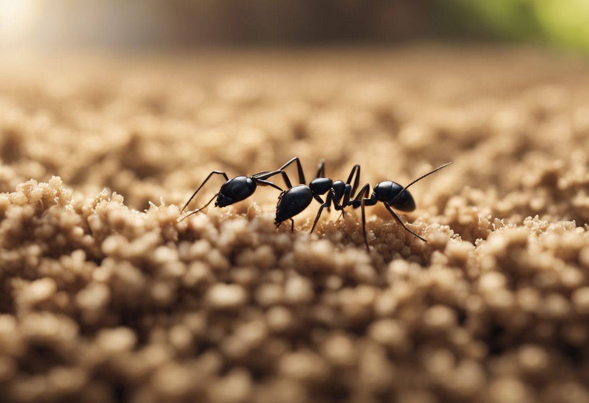 Ants crawl through a thick, beige carpet, weaving in and out of the fibers. A small, black ant hill sits in the corner, with workers moving in and out