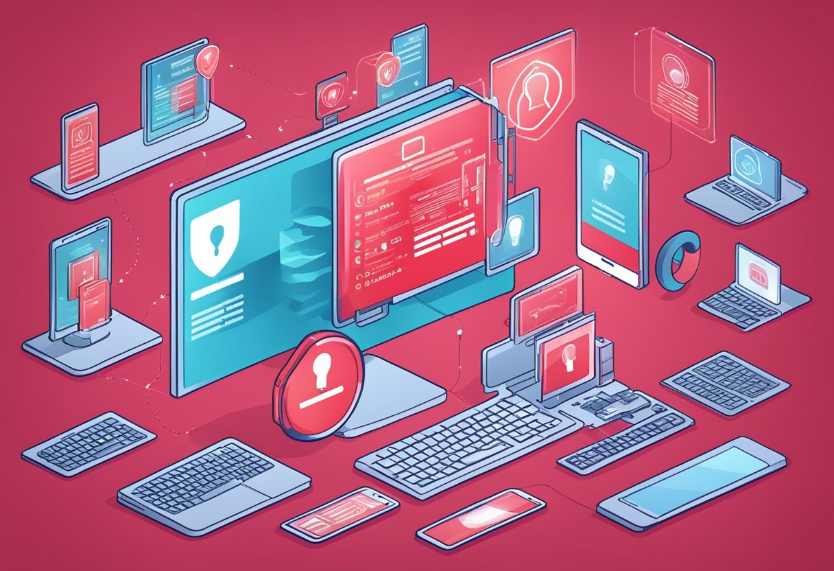 A computer screen displays a red alert for a data breach. A digital footprint is shown with various online platforms and security measures