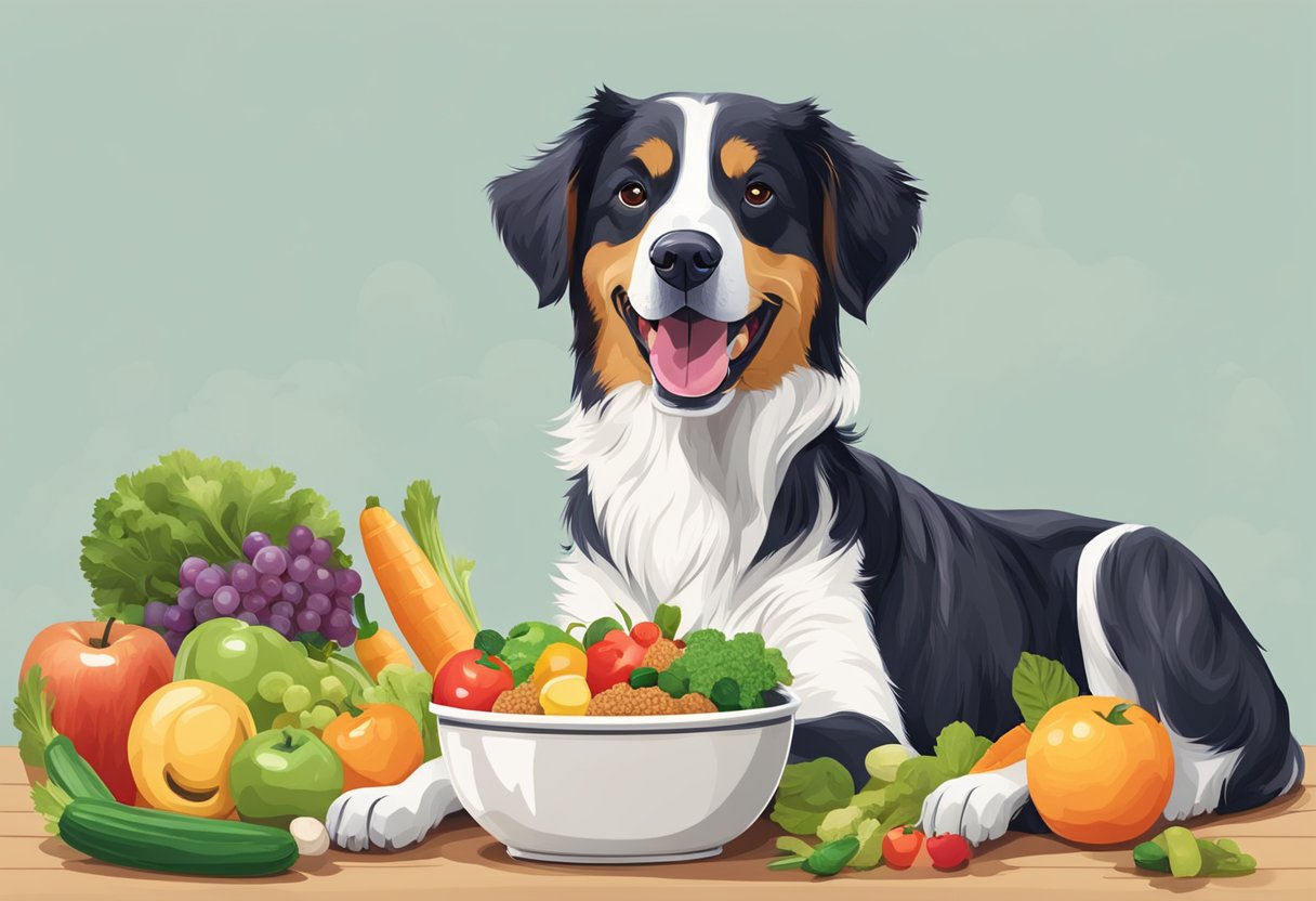 A happy dog eating from a bowl filled with fresh, colorful fruits and vegetables, with a bag of premium dog food nearby