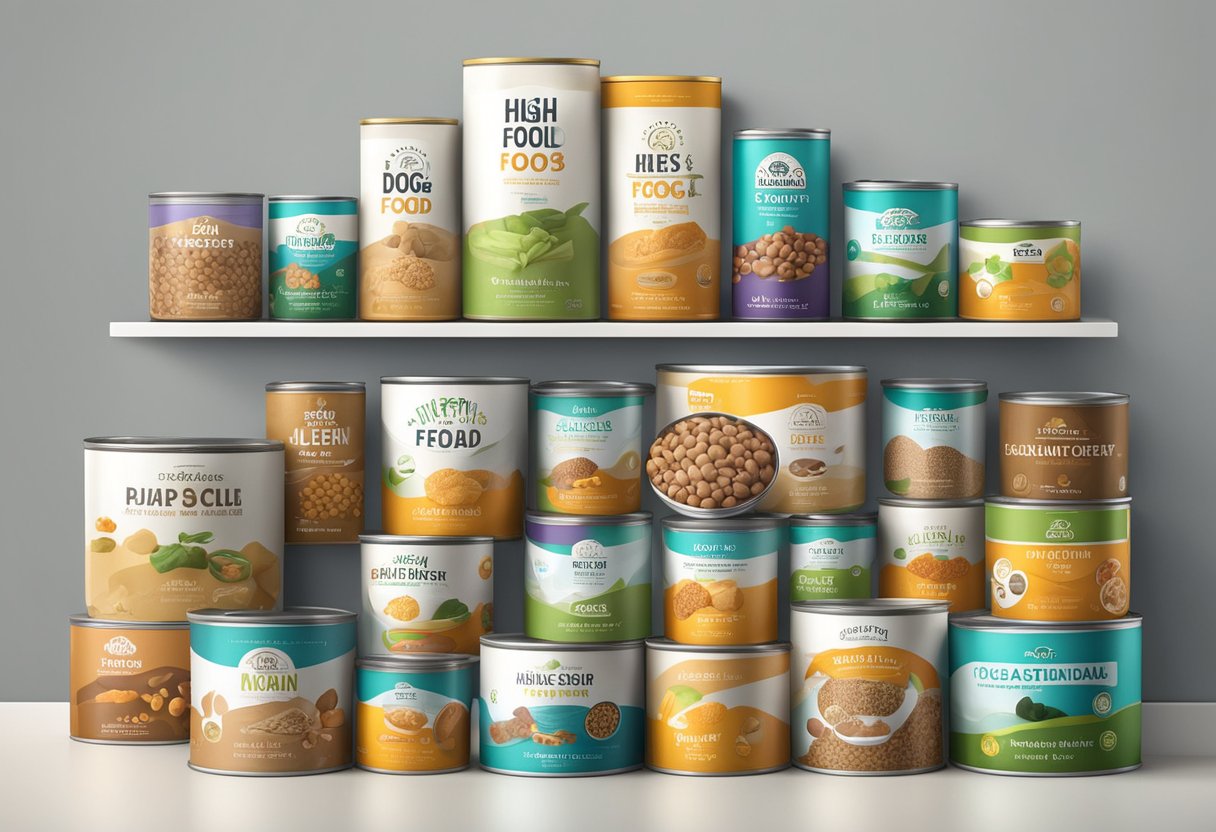 A variety of high-quality dog food items displayed on a clean, organized shelf. Bright, fresh ingredients and clear labels