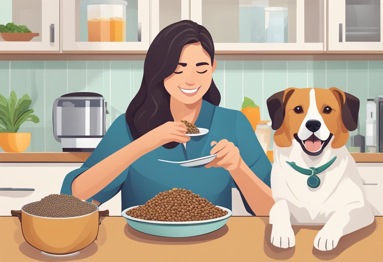 A dog happily eating a bowl of hypoallergenic dog food with a variety of healthy ingredients, while a veterinarian or dog owner watches attentively