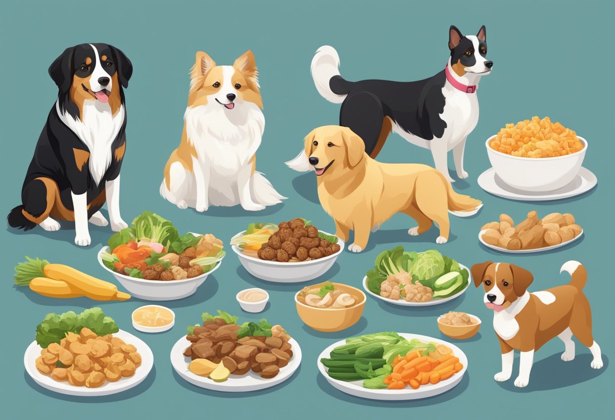 A variety of dog breeds and sizes enjoying specialized nutrition and healthy food