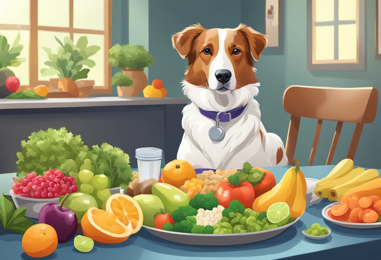 A healthy, shiny-coated dog enjoying a balanced meal, surrounded by fresh fruits, vegetables, and high-quality pet food