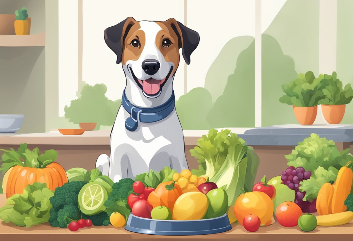 A happy dog eating from a balanced meal bowl, surrounded by fresh fruits and vegetables, with a water bowl nearby