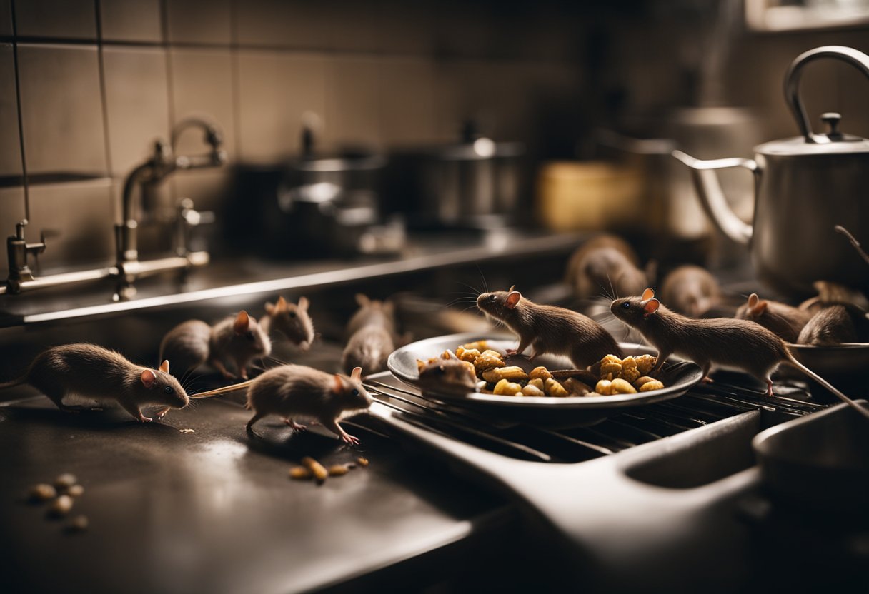 Rats devour cockroaches in a dark, cluttered corner of a dirty kitchen