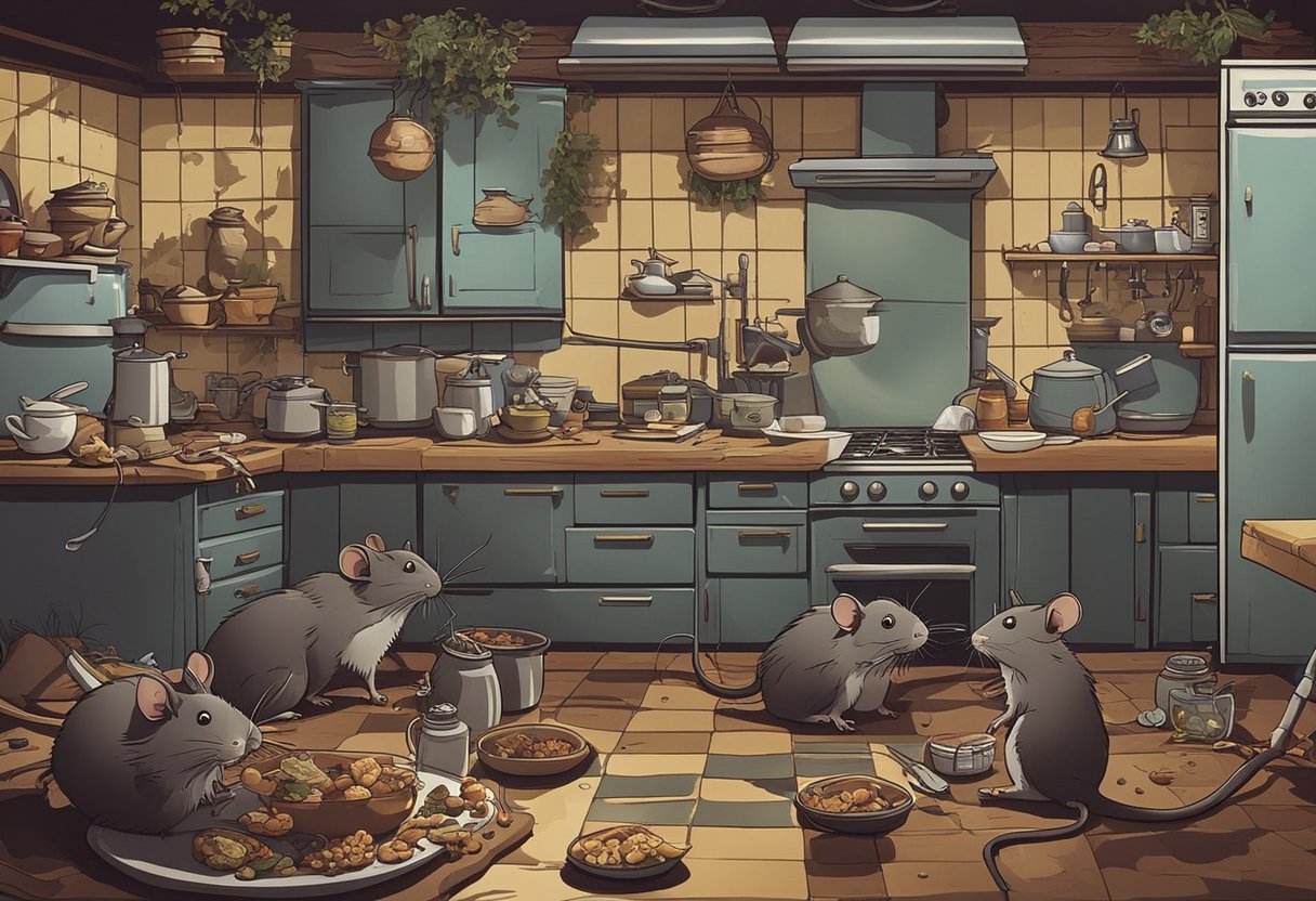 Rats hunt and consume cockroaches in a cluttered, dimly lit kitchen corner