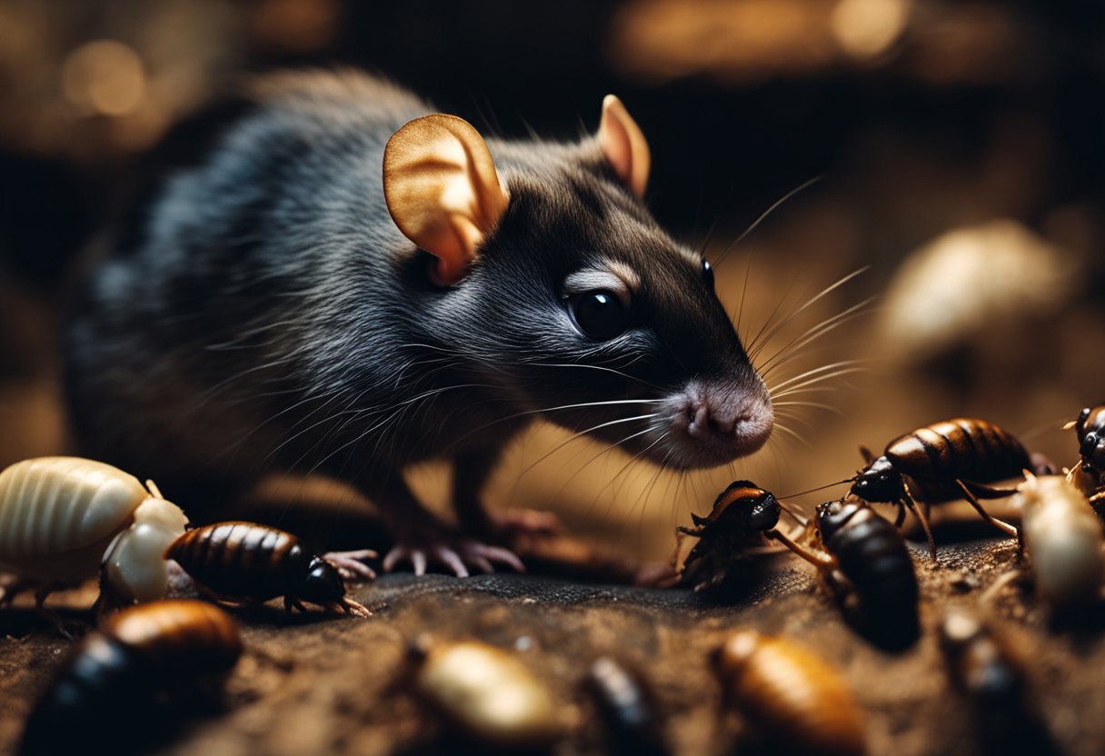 Rats devour cockroaches in a dim, cluttered basement corner