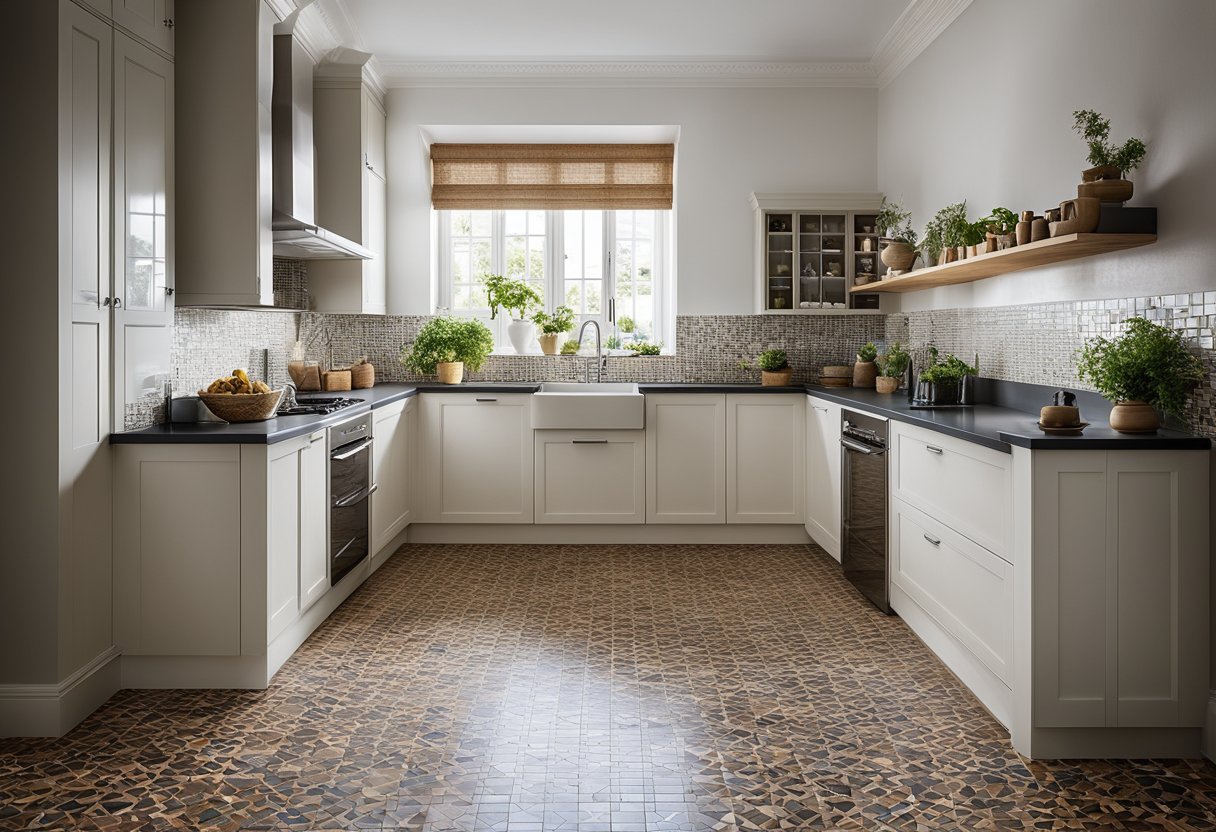 A kitchen with traditional tile flooring transitioning to sustainable cork, showcasing innovative and eco-friendly choices