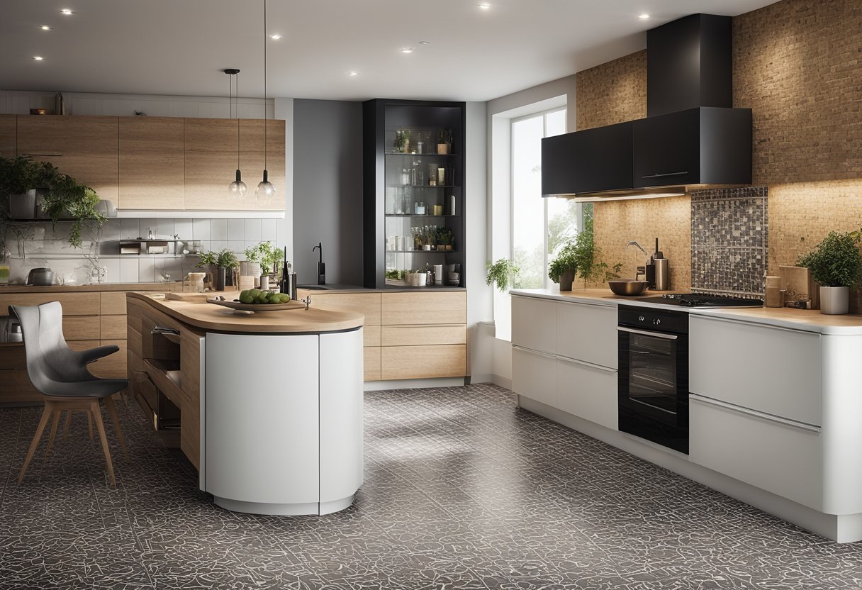 A modern kitchen with various flooring options: traditional tiles, sustainable cork, and other trendy designs