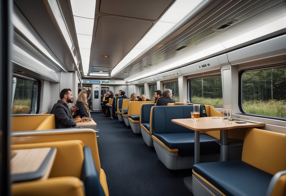 Passengers enjoy spacious seating, Wi-Fi, and dining options on the Berlin to Frankfurt train. The sleek, modern interior features large windows and comfortable amenities