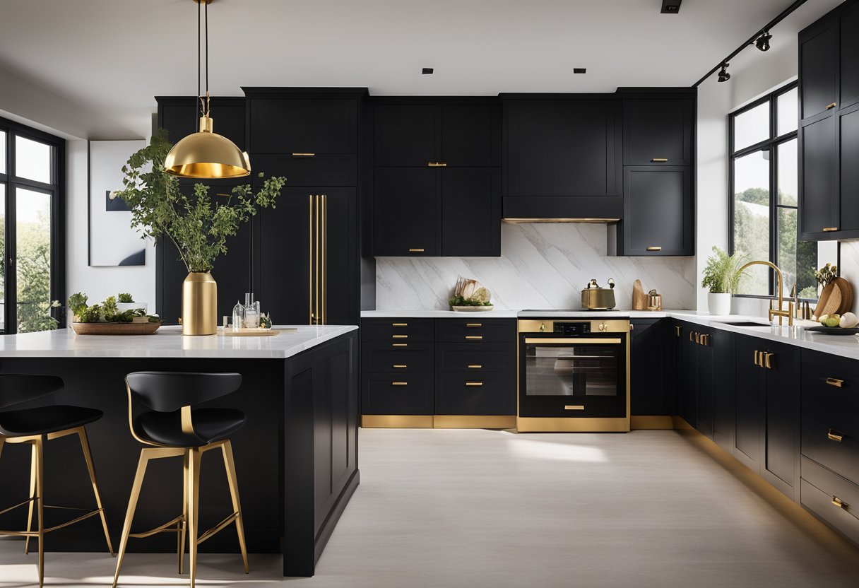 A modern kitchen with sleek, matte black cabinet handles, gold or brass drawer pulls, and a statement pendant light fixture over the island
