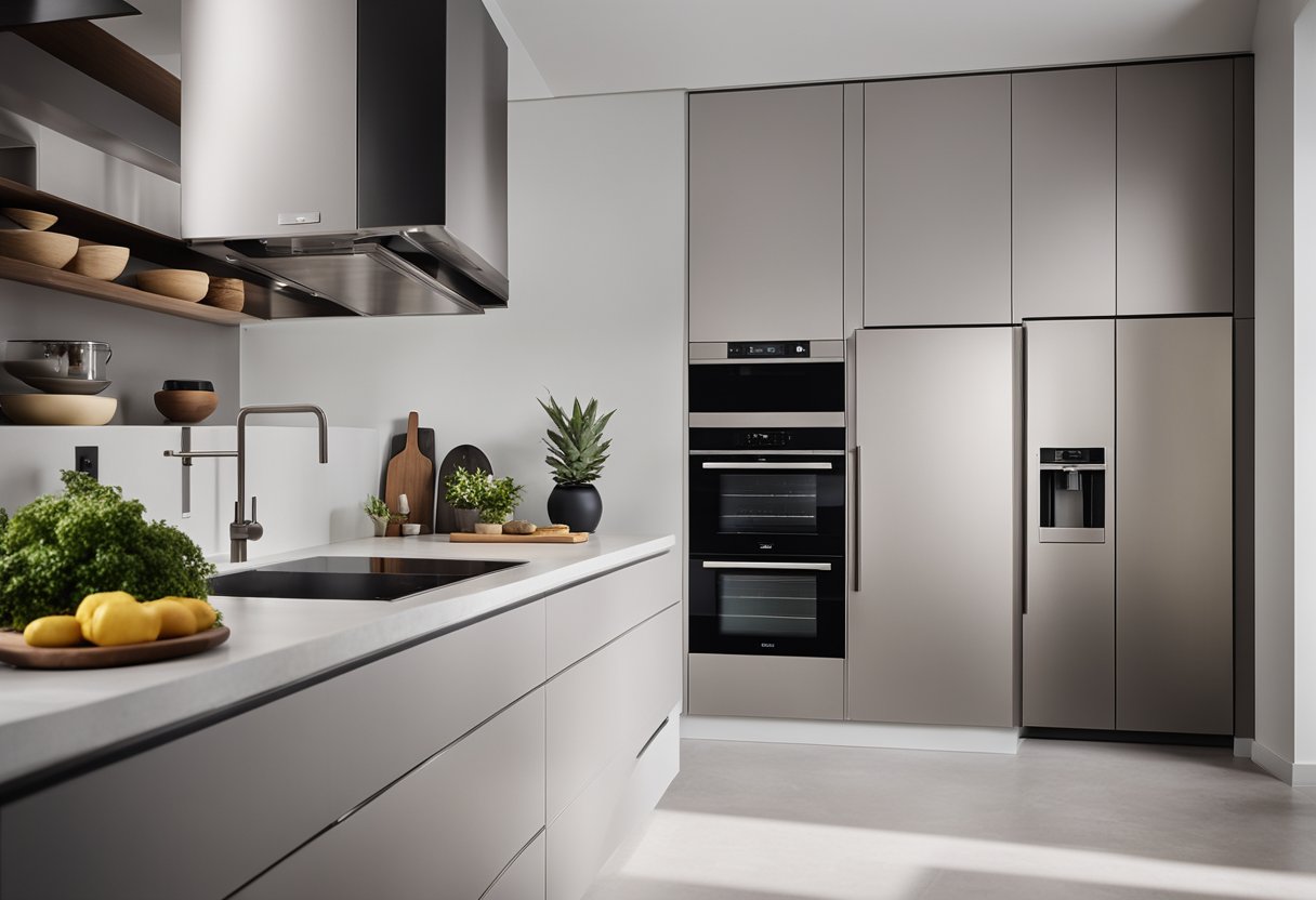 A modern kitchen with sleek, space-saving hardware and innovative storage solutions. Clean lines and efficient organization create a transformative space without the need for renovation