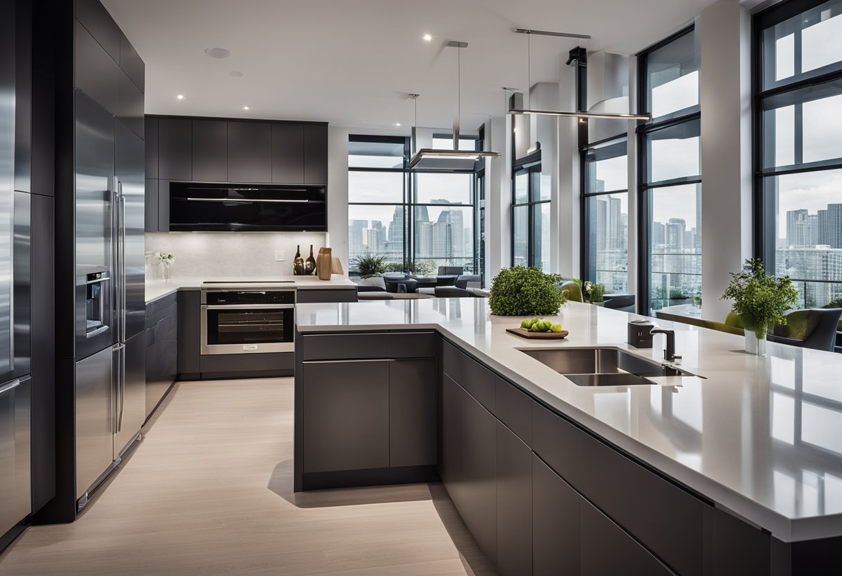 The kitchen is equipped with smart technology, including voice-activated appliances and touchless faucets. Sleek hardware and modern finishes give the space a futuristic feel