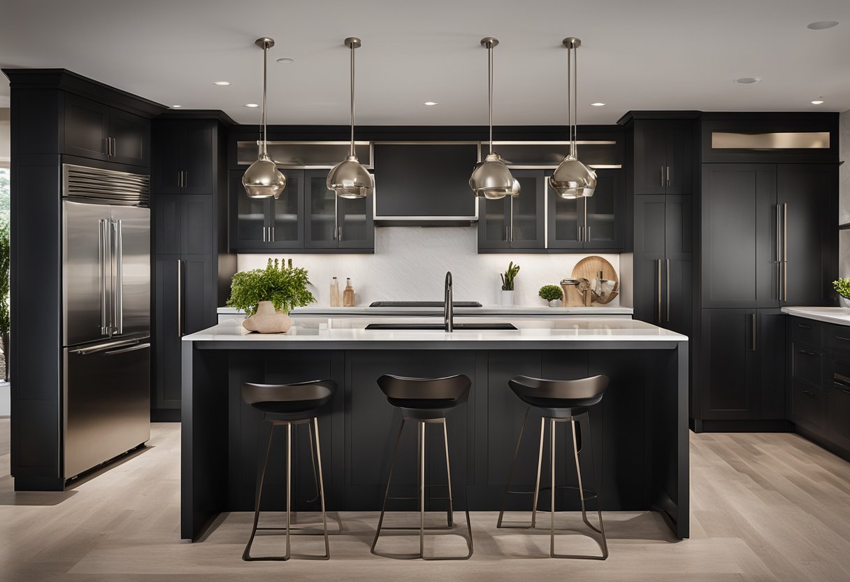 A modern kitchen with sleek metallic hardware in brushed nickel and matte black finishes. Textured cabinet pulls and handles add depth and contrast