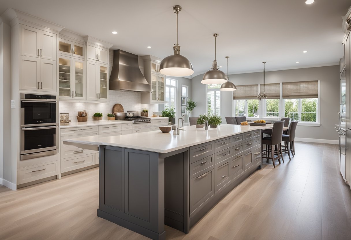 A spacious kitchen with an island, modern appliances, and ample storage. Bright lighting and a neutral color scheme create a welcoming, functional space