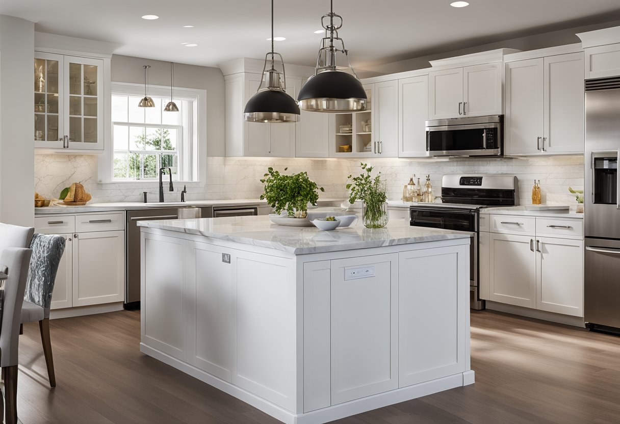A modern kitchen with sleek, white cabinets and marble countertops. Stainless steel appliances and a large island for cooking and entertaining. Warm, natural lighting creates a welcoming atmosphere