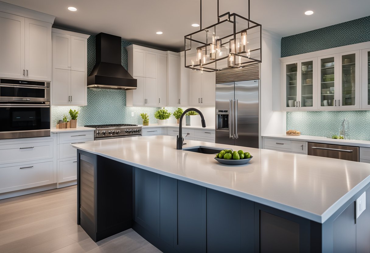 A modern kitchen with new countertops, sleek appliances, and ample storage. Bright lighting and clean lines create a functional and beautiful space