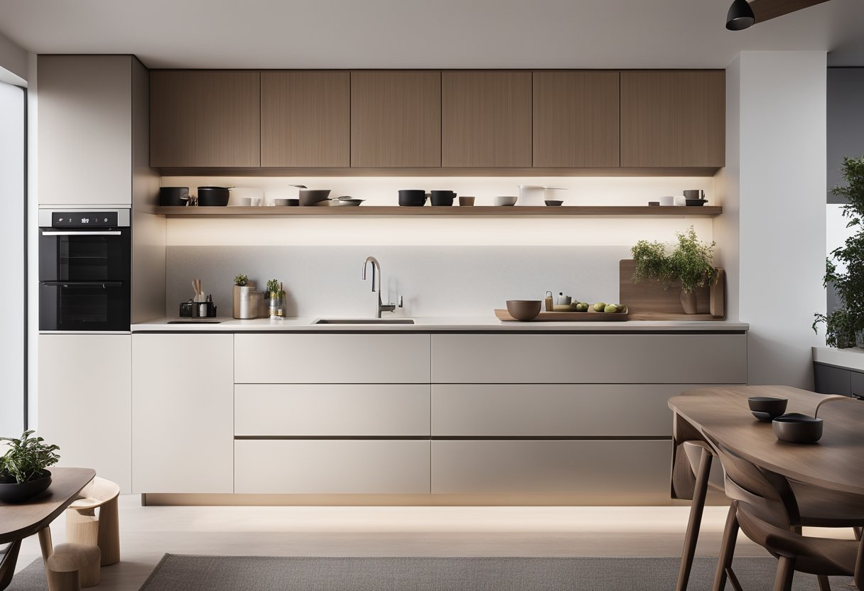 A sleek, minimalist kitchen with built-in storage, hidden appliances, and a seamless, clutter-free design. A combination of neutral colors and clean lines creates a modern, efficient space
