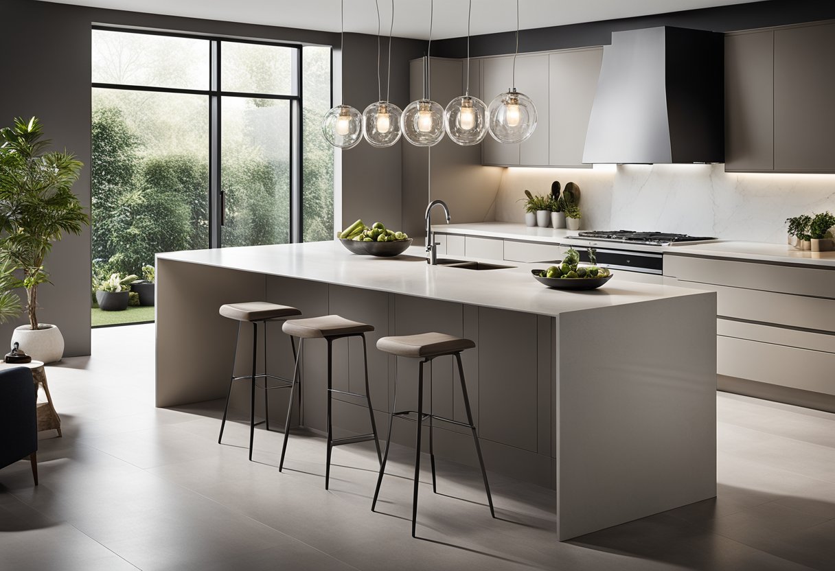 A sleek, minimalist kitchen with clean lines, integrated appliances, and a neutral color palette. A large island with a waterfall countertop and pendant lighting completes the modern look