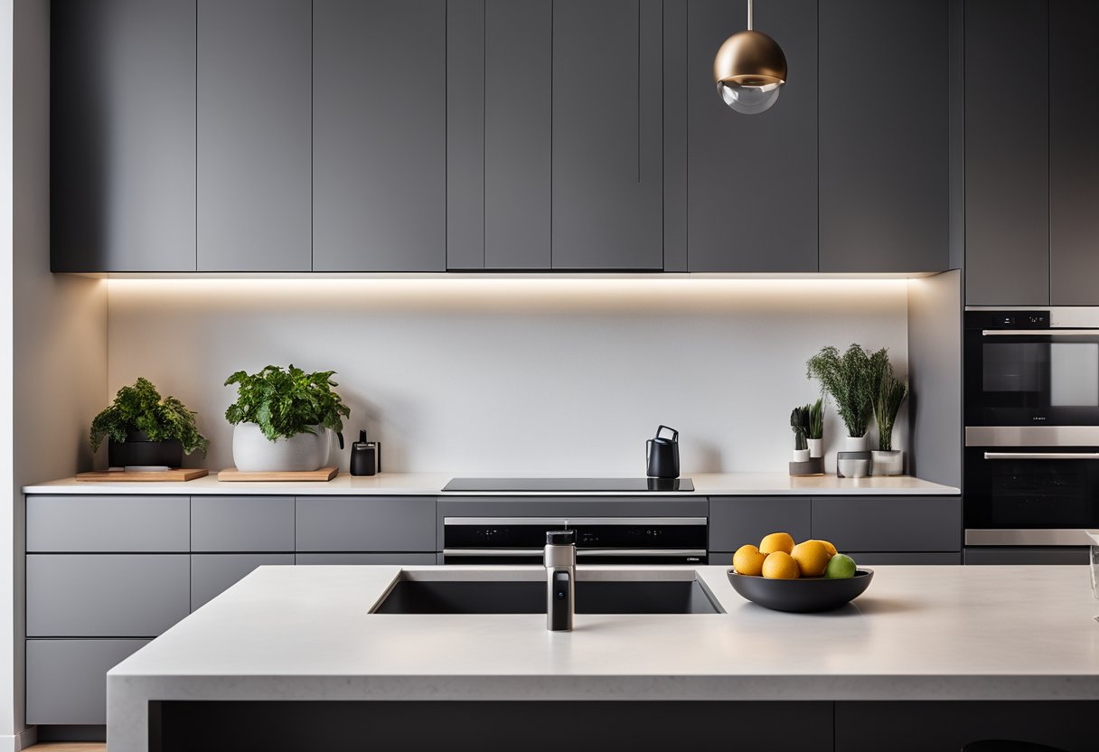The sleek, high-tech kitchen features voice-activated appliances, touchless faucets, and integrated smart home technology. The minimalist design and hidden storage create a clean, organized space