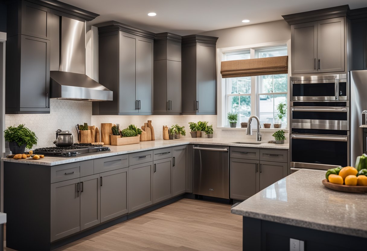 A kitchen filled with oversized appliances, including a massive refrigerator, stove, and dishwasher. The countertops are cluttered with bulky gadgets, creating a crowded and overwhelming space