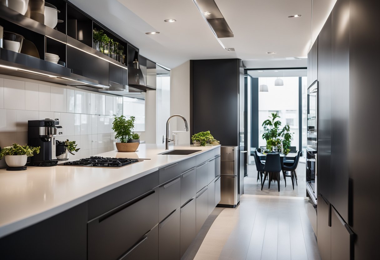A galley kitchen with sleek, space-saving design. Utilizing vertical storage, multipurpose counters, and efficient layout. Bright, modern aesthetic