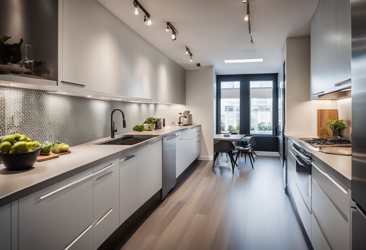 A galley kitchen with sleek, modern cabinets and countertops, maximizing storage and workspace. Natural light floods the space, highlighting the flexible design elements