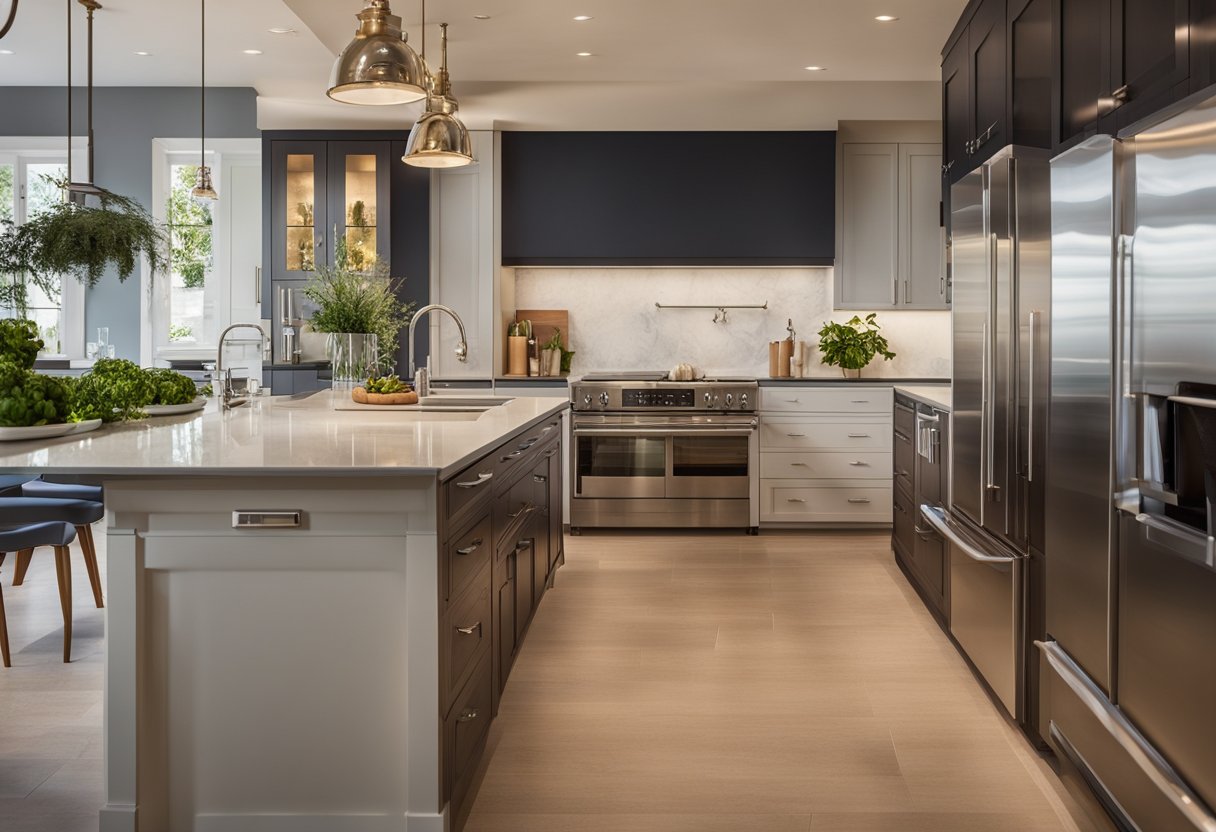 A galley kitchen with under-cabinet lighting illuminating the countertops, creating a warm and inviting ambiance. Pendant lights above the center island provide focused task lighting, while recessed ceiling lights evenly brighten the entire space