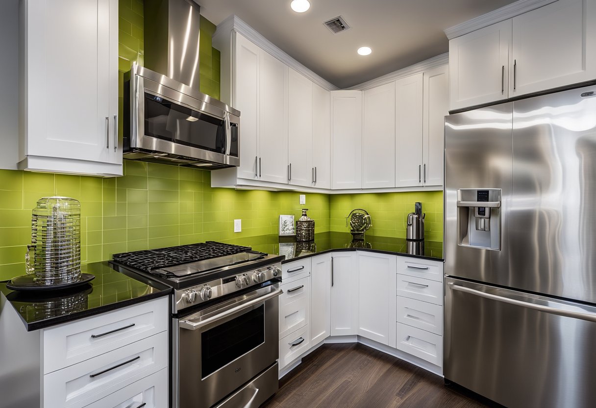A galley kitchen with sleek white cabinets and stainless steel appliances. A pop of color is added with a vibrant backsplash and coordinating accessories