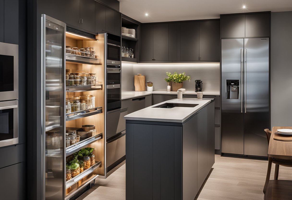 A galley kitchen with smart storage solutions: pull-out pantry, vertical shelving, under-cabinet lighting, and a rolling island maximizing space