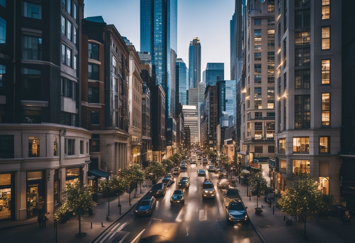 A bustling city street with tall buildings and vibrant storefronts, showcasing a mix of residential and commercial properties. The scene exudes energy and opportunity for profitable real estate investment