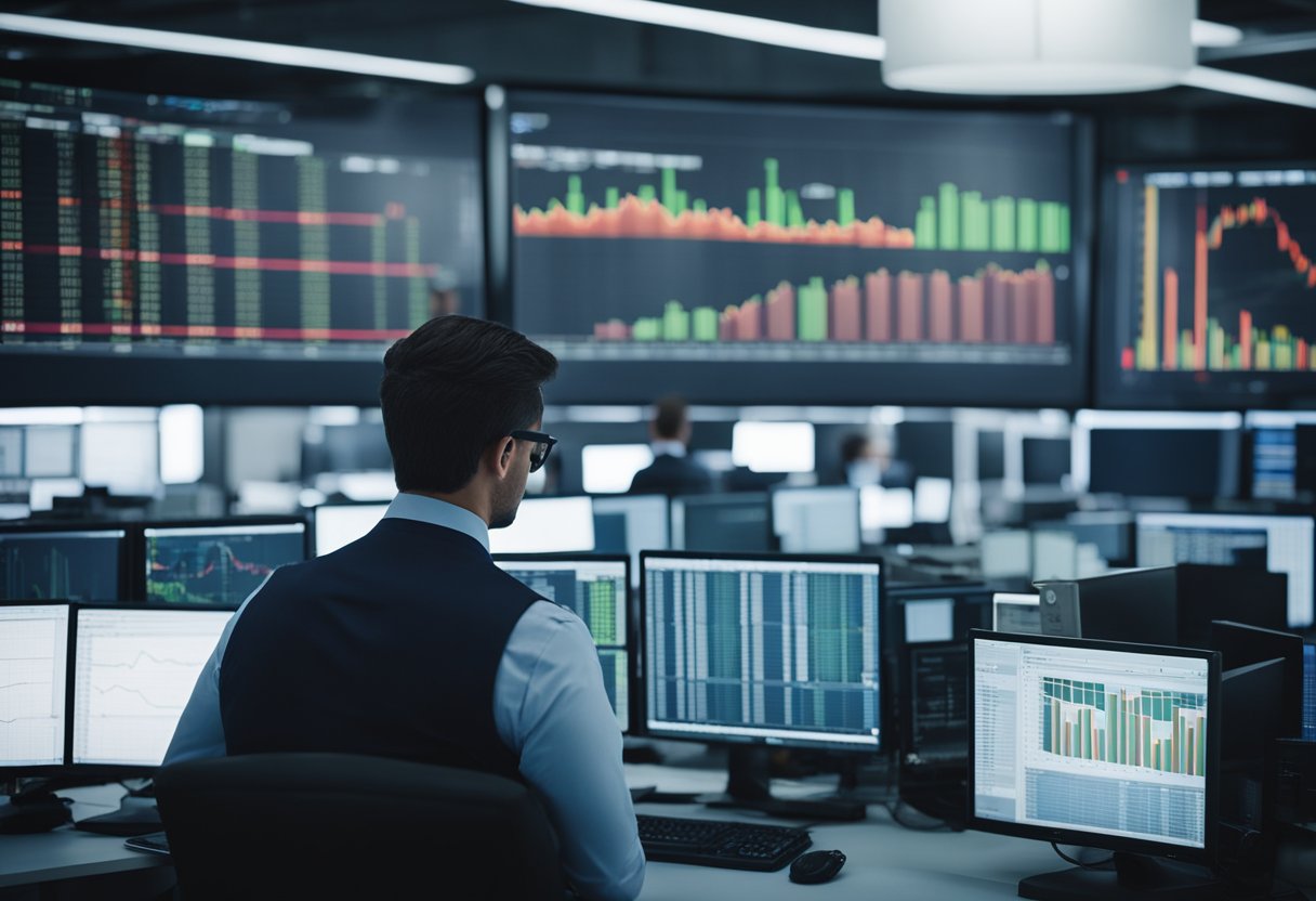 A busy trading floor with charts, graphs, and computer screens. Traders analyze data and make quick decisions. A calm office with charts, books, and a long-term investment portfolio