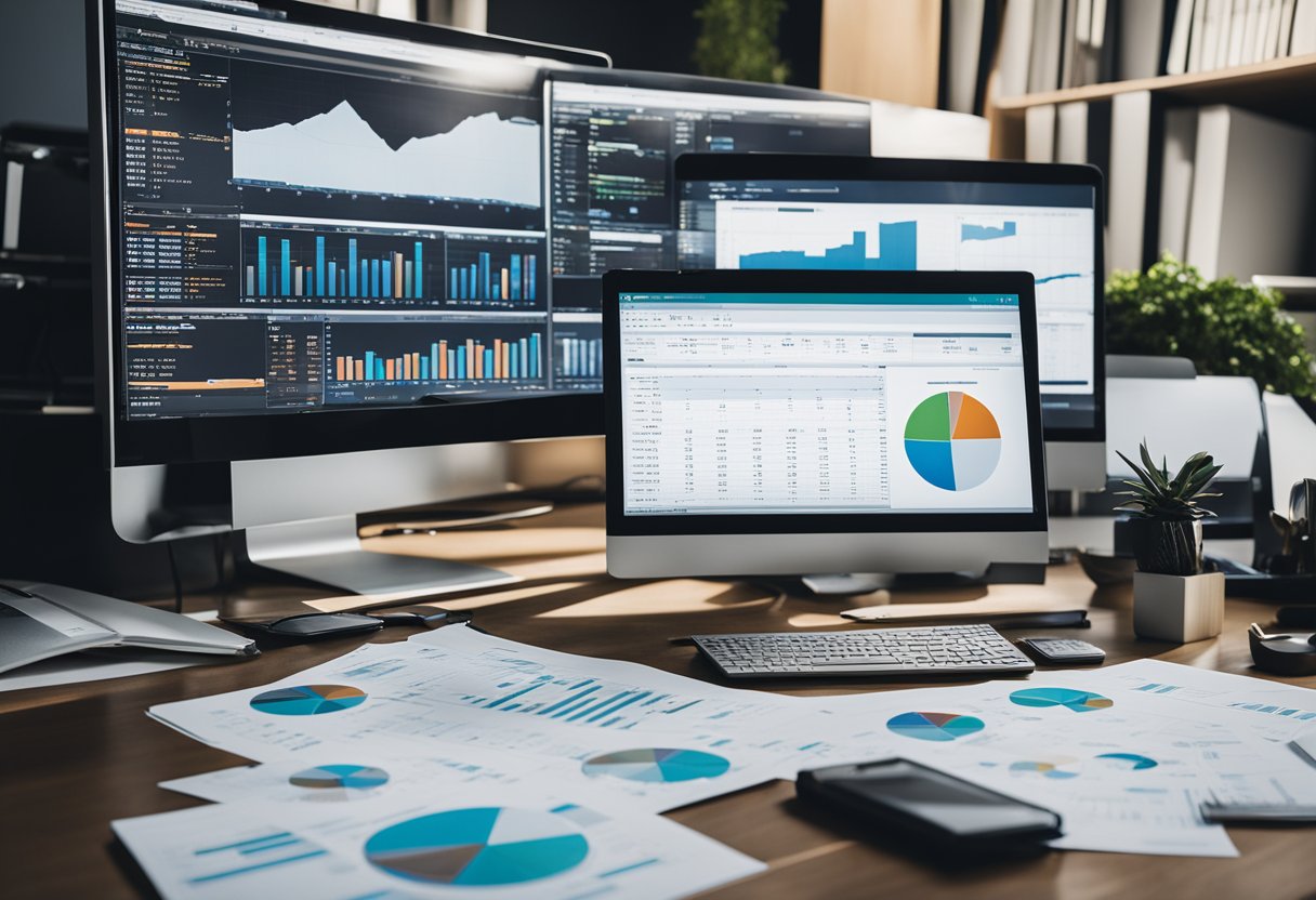 A cluttered desk with multiple computer screens, charts, and graphs. On one side, a calendar with marked dates. On the other, a stack of books on long-term investing