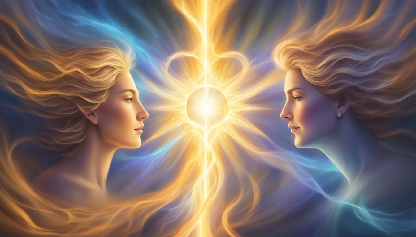 A radiant beam of light emanates from two intertwining flames, symbolizing the spiritual connection and higher purpose of twin flames