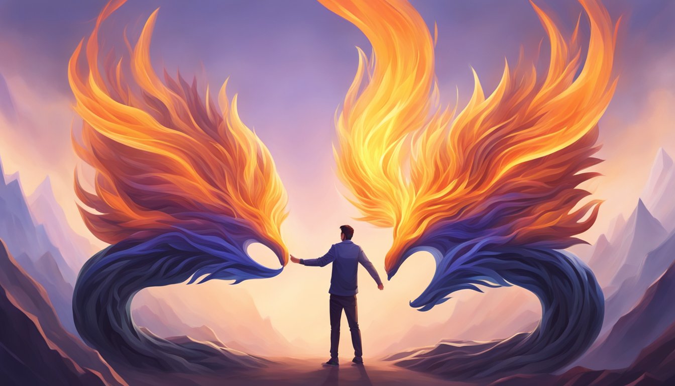Two flames intertwine, surrounded by obstacles and growth. A path leads to a higher purpose, symbolizing the challenges and evolution of twin flames
