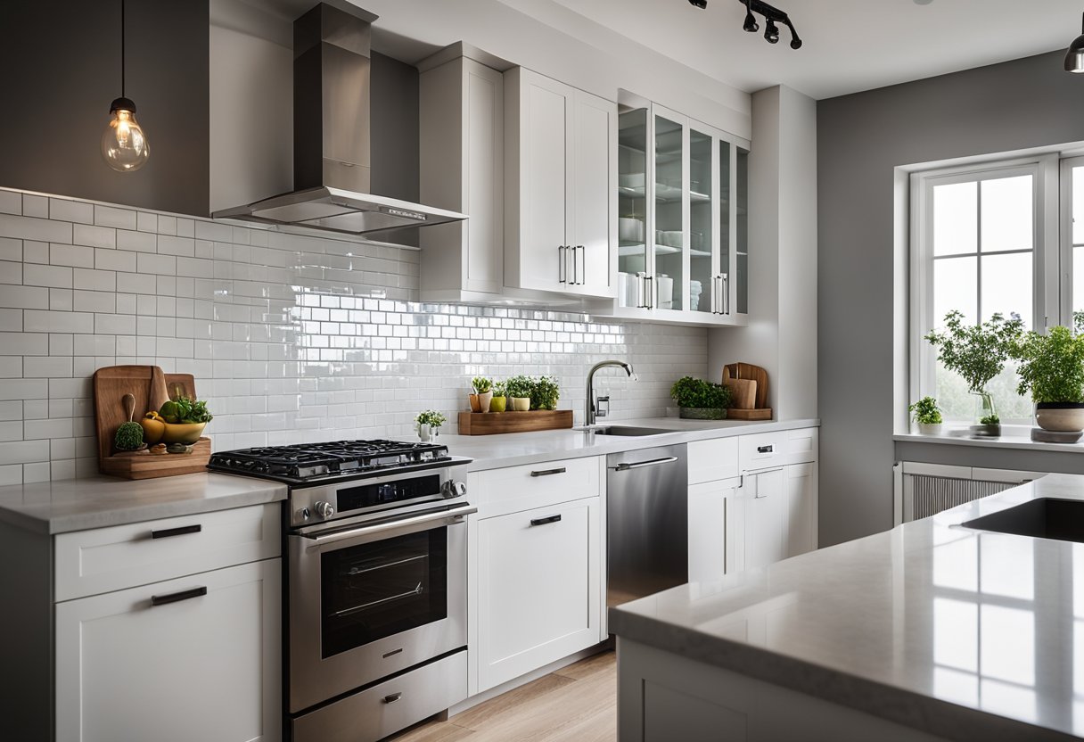 A modern kitchen with white subway tiles, reflecting light from a large window. A sleek countertop and stainless steel appliances complete the look