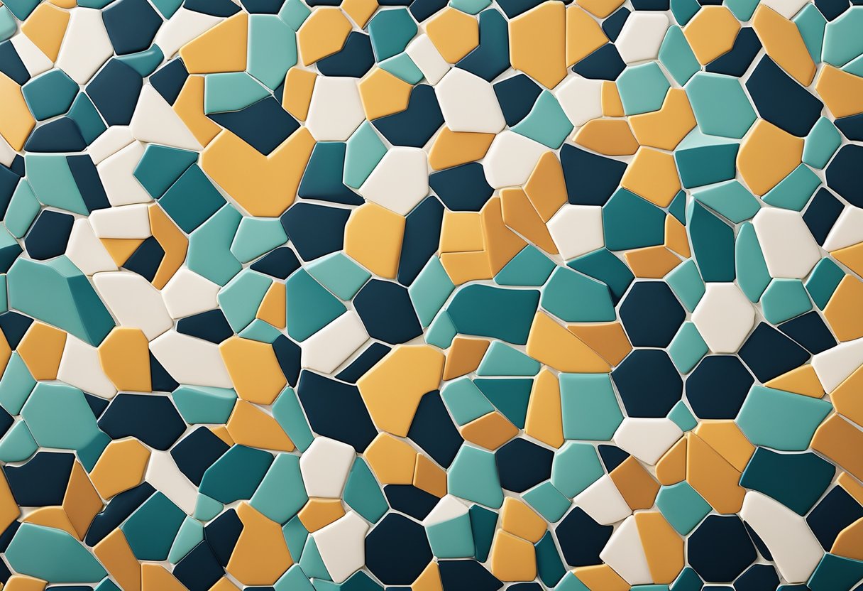 Vibrant geometric tiles in various shapes and colors create a stunning kitchen backsplash. Bold patterns and sleek lines add a modern touch to the space