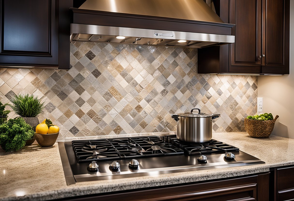 A kitchen with natural stone accents in various colors and textures. The backsplash features intricate patterns and designs, adding a touch of elegance to the space