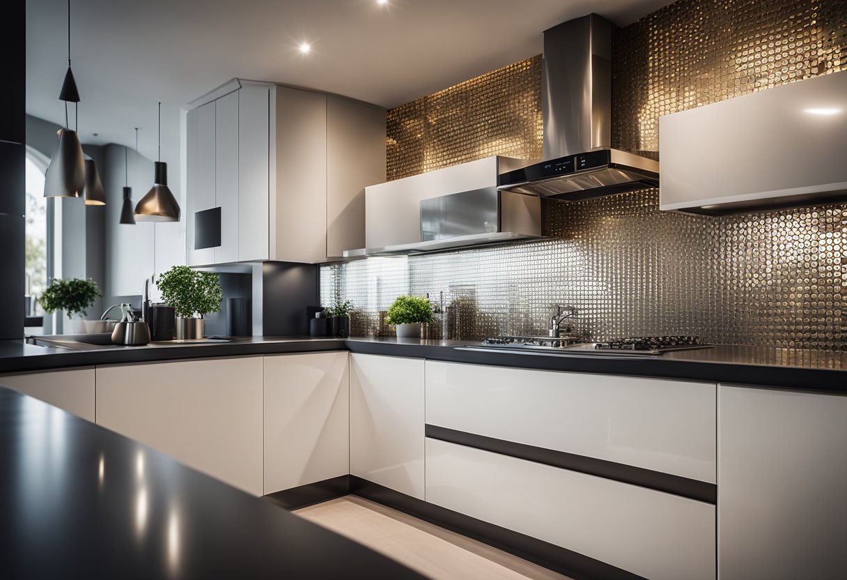 A sleek, modern kitchen with metallic backsplash tiles reflecting light. Clean lines and geometric patterns create a sophisticated and luxurious feel