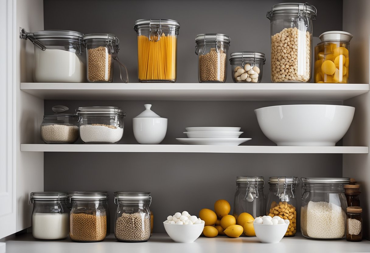 Shelf risers elevate dishes and jars in a clutter-free kitchen cabinet. A clean, organized space with maximized storage
