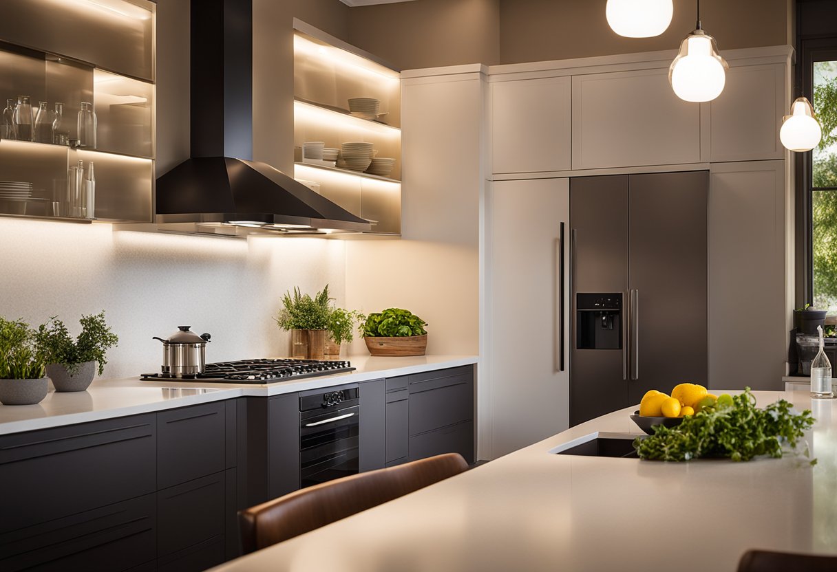 The kitchen is bright and modern with updated lighting fixtures. The warm glow illuminates the space, highlighting the sleek design and creating a welcoming atmosphere