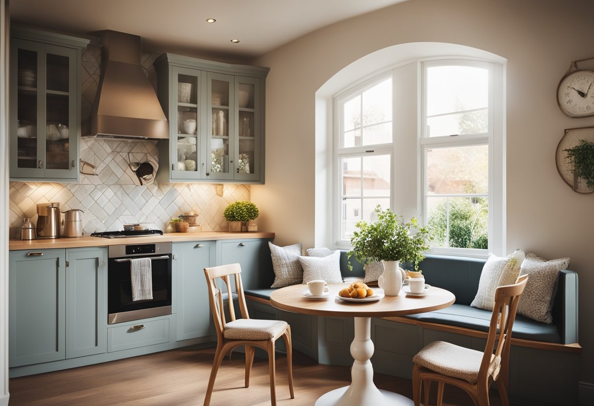 A sunny kitchen with a cozy breakfast nook nestled in a corner, featuring a small round table with cushioned chairs, a window seat with soft pillows, and warm, inviting decor