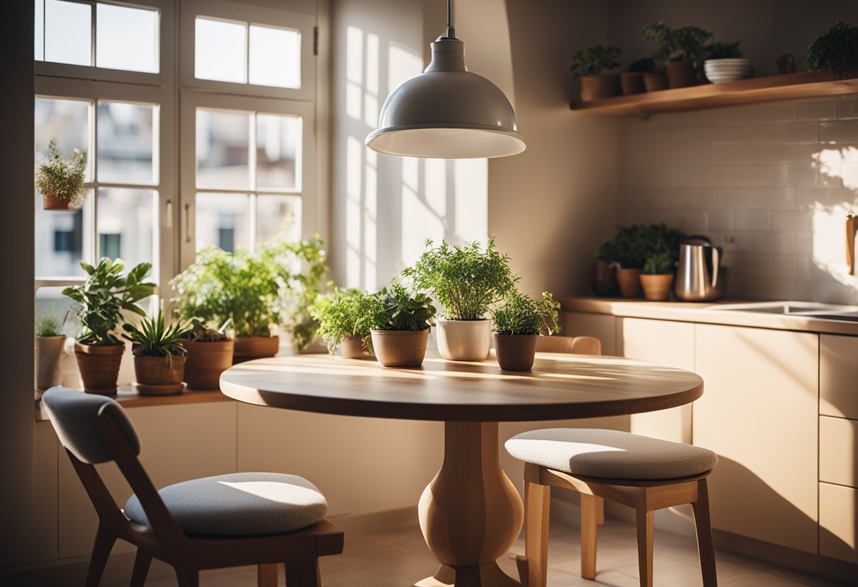 A sunny kitchen corner with a round table, cushioned bench, and a window seat. Soft lighting and potted plants add to the cozy atmosphere