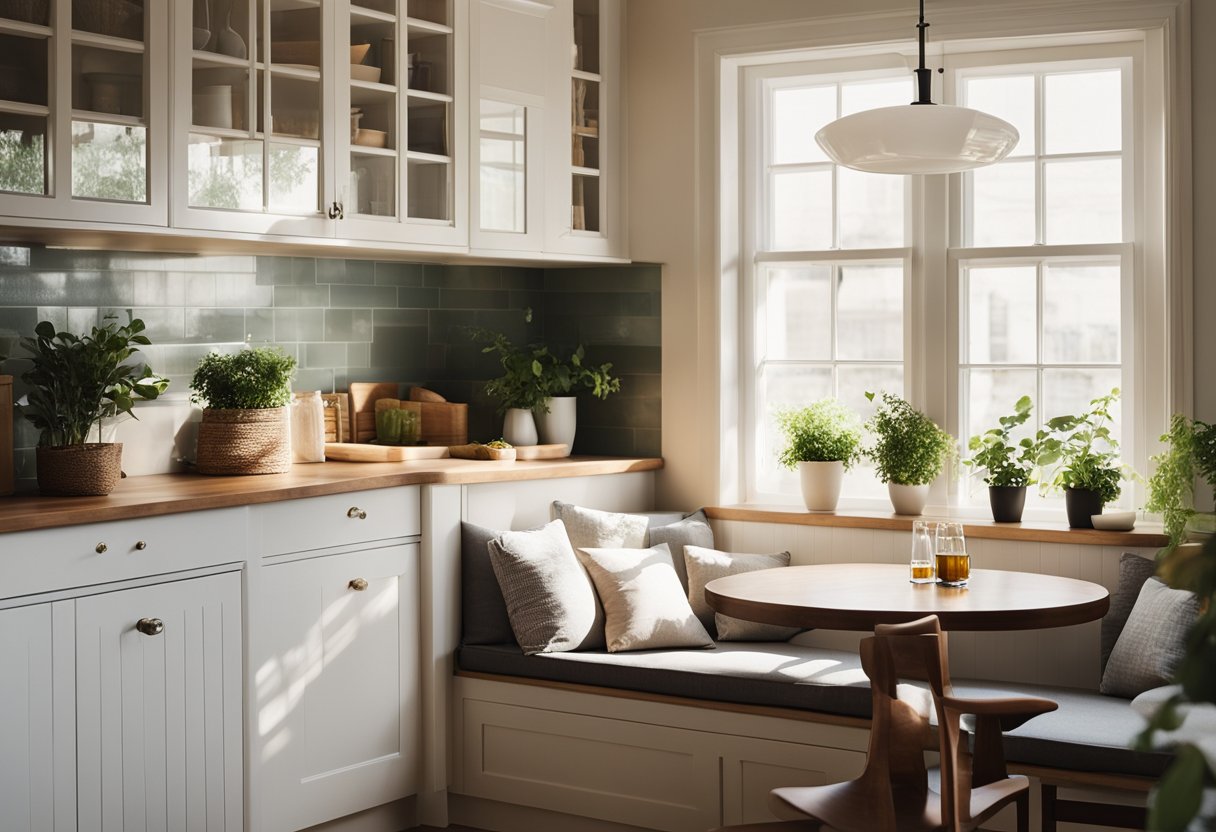 A kitchen corner with a built-in bench, small table, and cushioned seating. Sunlight streams in through a nearby window, highlighting the cozy nook