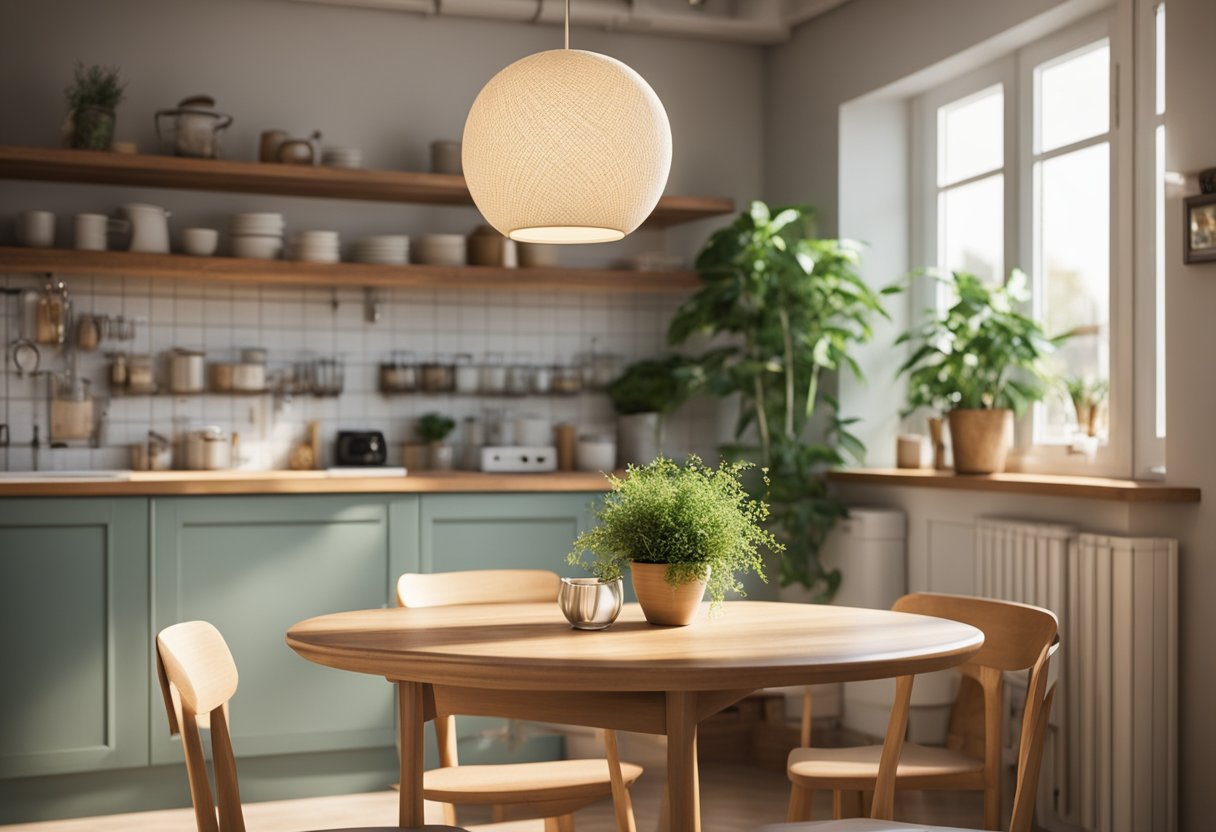 A sunny kitchen corner with a small table, two chairs, and a hanging pendant light. A shelf with plants, a cozy rug, and soft cushions complete the cozy breakfast nook
