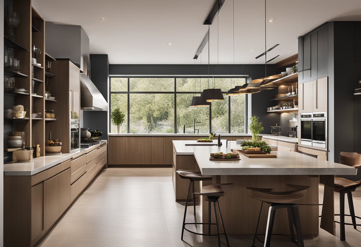 A spacious kitchen with a sleek, multipurpose island at the center. It features built-in storage, a sink, and a cooktop, making meal prep and entertaining a breeze