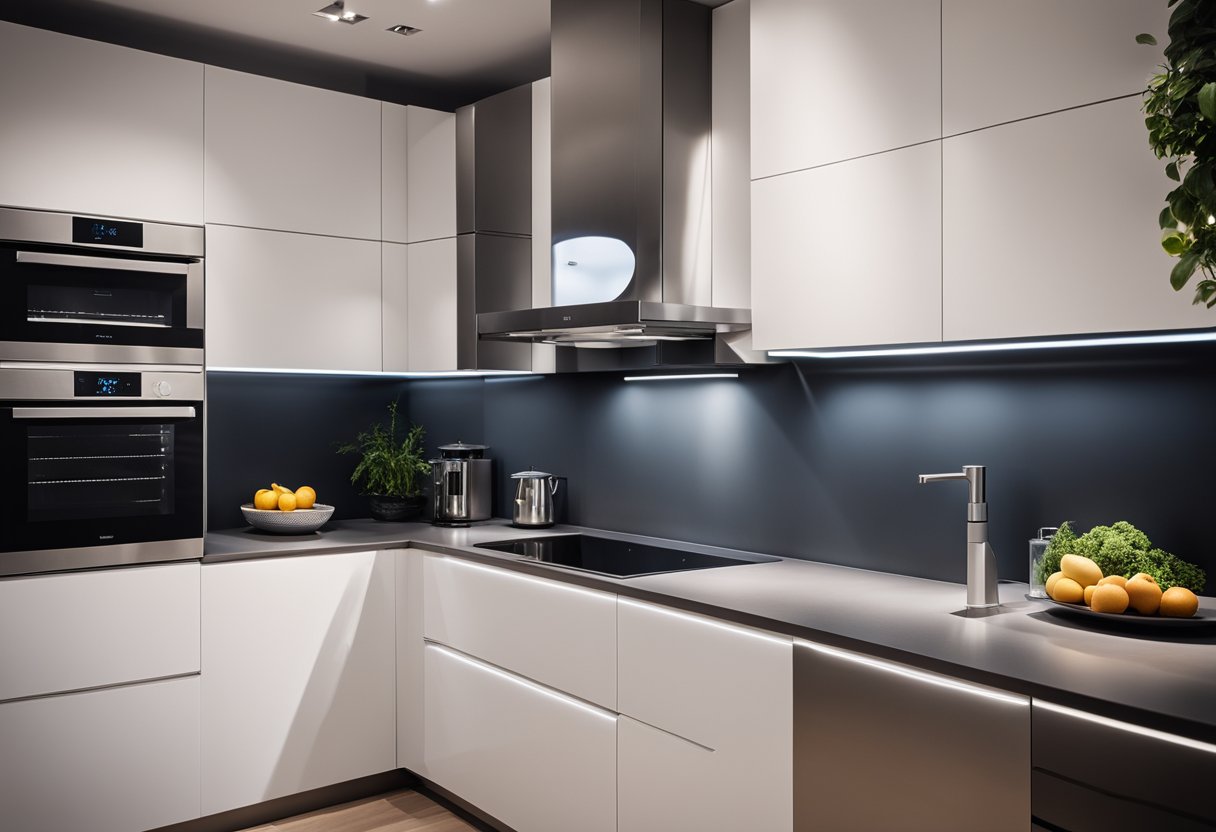 A modern kitchen with voice-activated appliances and smart gadgets. Streamlined design and convenient features for a seamless cooking experience