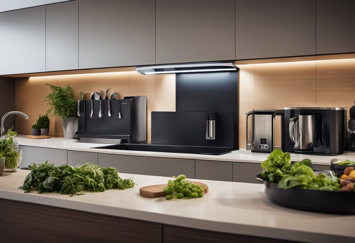 A modern kitchen with LED lighting, smart appliances, and efficient storage solutions. A compost bin and recycling center are integrated into the design